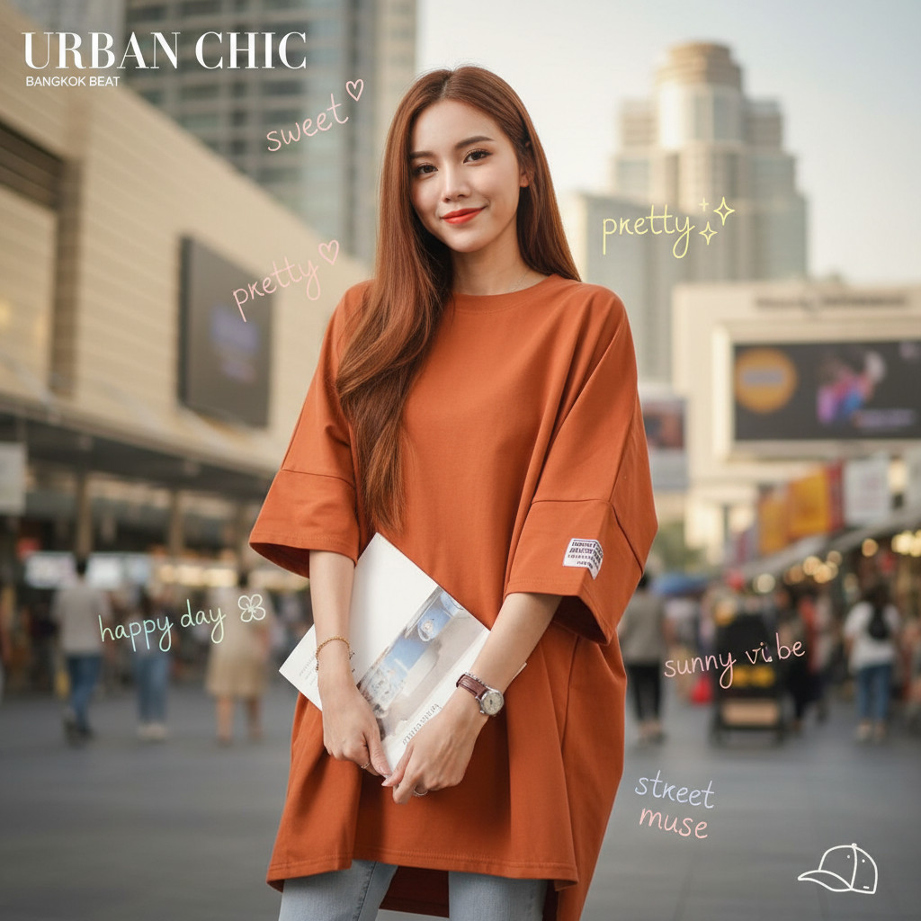 ꕥCatalog Fashionꕥ เสื้อยืดโอเวอร์ไซส์ ทรงไหล่ตก แขนแต่งป้ายขาว คอกลมแขนสั้น สีพื้น 4 สี