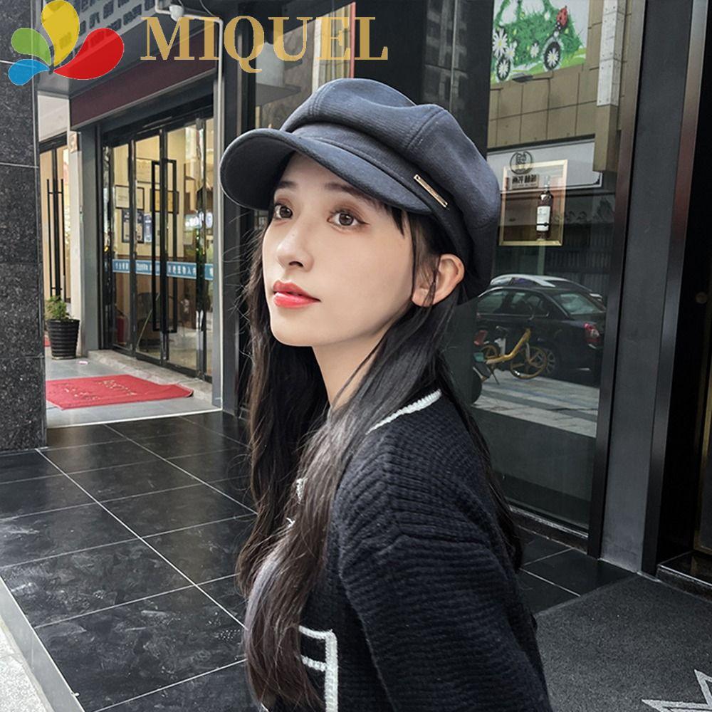 MIQUEL หมวกเบเร่ต์ทําด้วยผ้าขนสัตว์ลําลองแฟชั่นสีทึบให้ความอบอุ่นสําหรับสาวศิลปินหมวกแปดเหลี่ยมหมวก