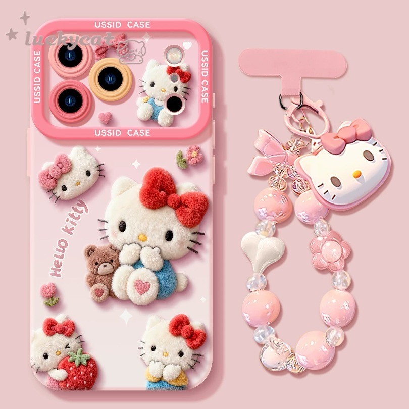 เข้ากันได้กับ iPhone 17 16 15 14 13 12 11 Pro Max X Xr Xs Max 7 8 Plus SE2020 เคสโทรศัพท์การ์ตูนน่ารักตุ๊กตาหมีสีน้ําตาล KT Cat + Lanyard ฝาหลังนุ่ม