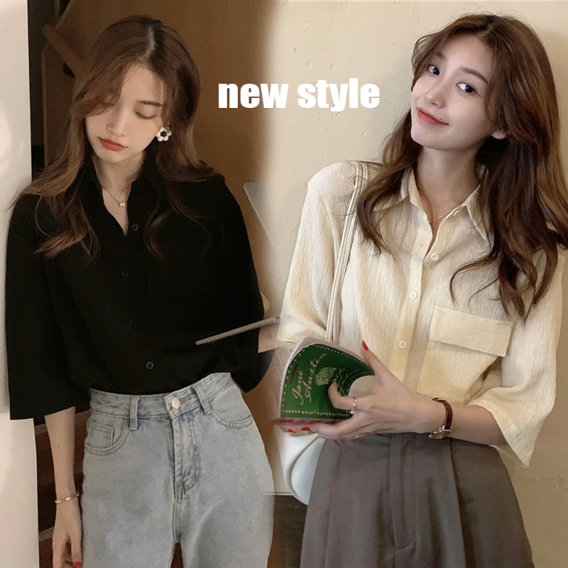 Cuties 💖เสื้้อผ้าแฟชั่น เสื้อผ้าผู้หญิง แขนสามส่วน เสื้อเชิ้ตแฟชั่นเกาหลี แขนยาว มีกระเป๋าหน้า  W232