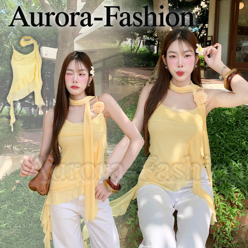 Aurora🛒พร้อมส่ง🚚 (รูปถ่ายจากงานจริง) เสื้อสายเดี่ยวผ้าซีฟอง สีเหลืองอ่อนสไตล์เกาหลีน่ารัก
