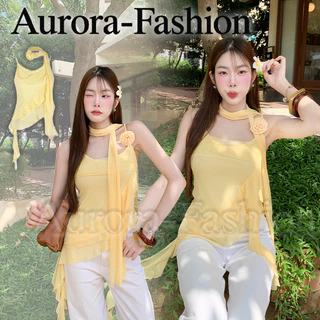 Aurora🛒พร้อมส่ง🚚 (รูปถ่ายจากงานจริง) เสื้อสายเดี่ยวผ้าซีฟอง สีเหลืองอ่อนสไตล์เกาหลีน่ารัก