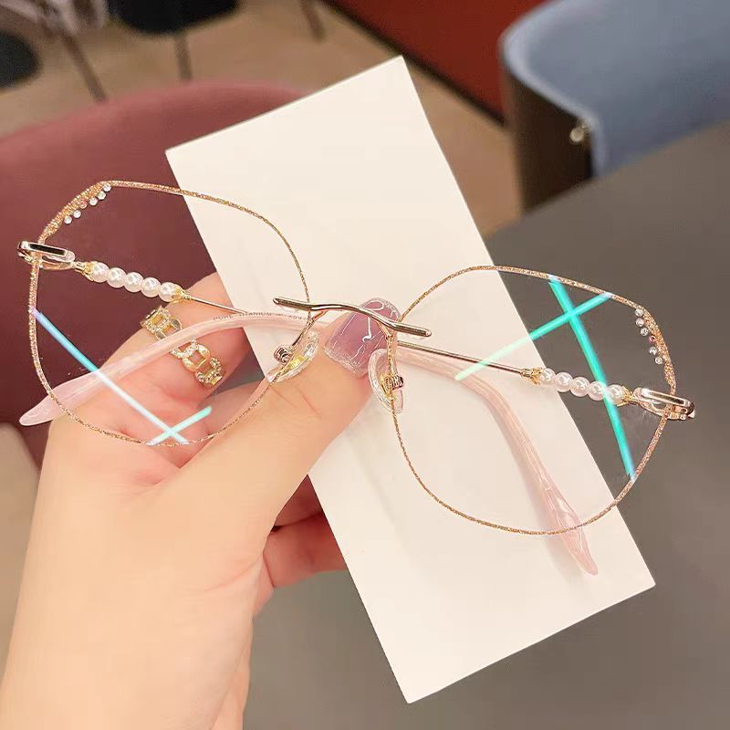 แว่นสายตายาวสำหรับอ่านหนังสือ ออกแบบมาแบบไม่มีกรอบพร้อมประดับมุกและเพชร เหมาะสำหรับผู้หญิง