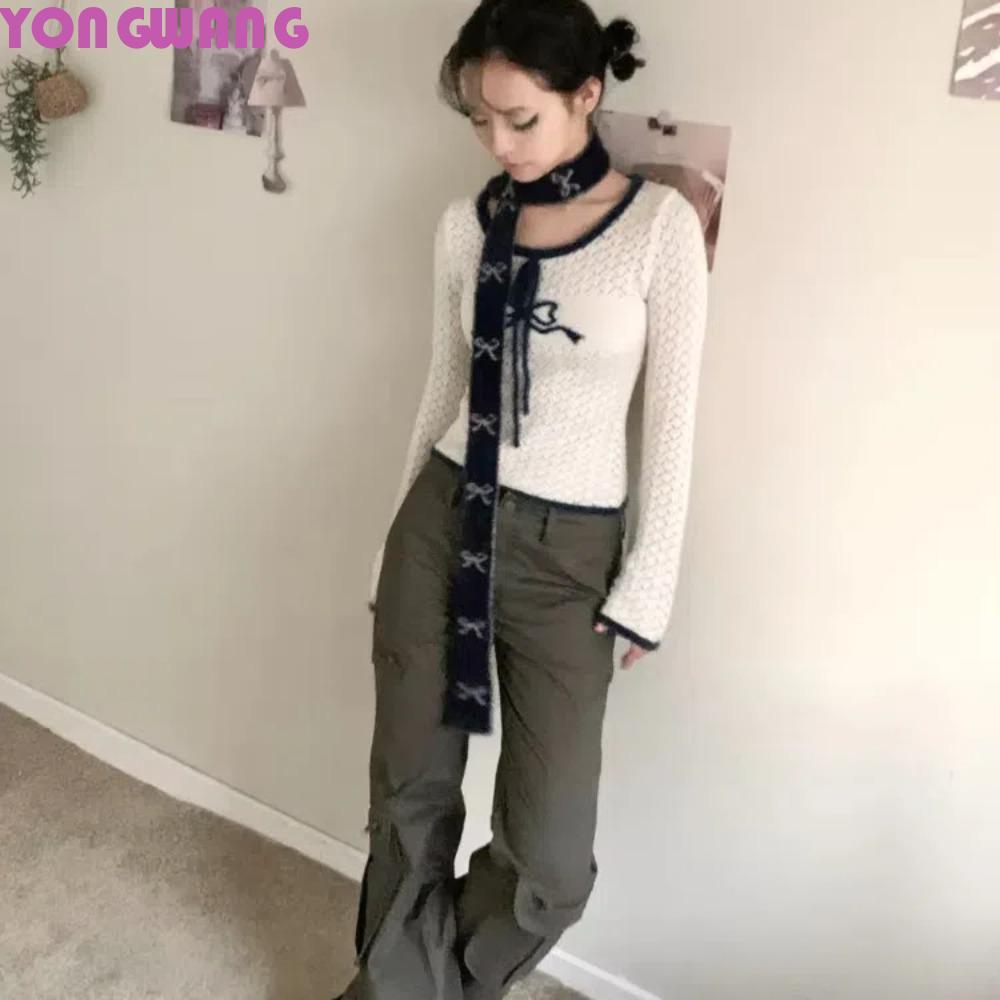 YONGWANG66HR โบว์ถัก Neckerchief, อุ่นเรียว Y2k ผ้าพันคอสองด้าน, Harajuku ยาวโพลีเอสเตอร์สีบล็อกคอฤด