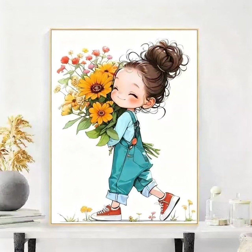 【50x70cm -11CT】ปักครอสติส 2025 สาวน่ารักถือดอกไม้ความงามที่เรียบง่ายที่ทําด้วยมือด้ายเย็บปักถักร้อย