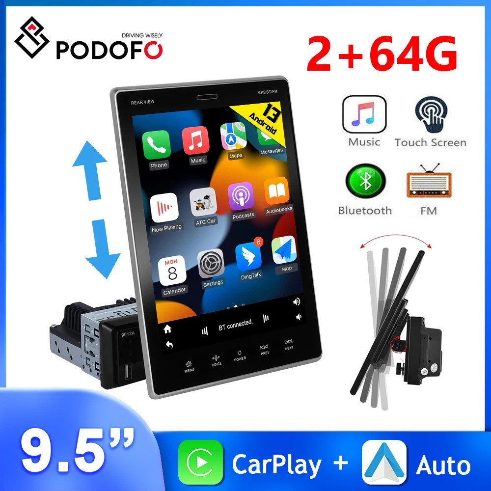 Podofo 9.5 มัลติมีเดีย 1din Android 1din วิทยุพร้อมหน้าจอ 2+64g รถวิทยุ Carplay Android Auto Voice C