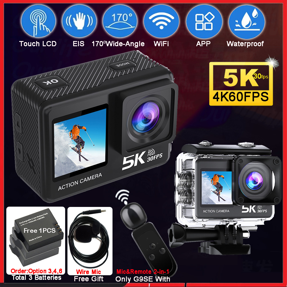 กล้องแอคชั่นแคมเมรา 5K30fps 4K60fps 50MP 2.0 Touch LCD EIS DVR Webcam Dual Screen Wi-Fi 170D กันน้ํา