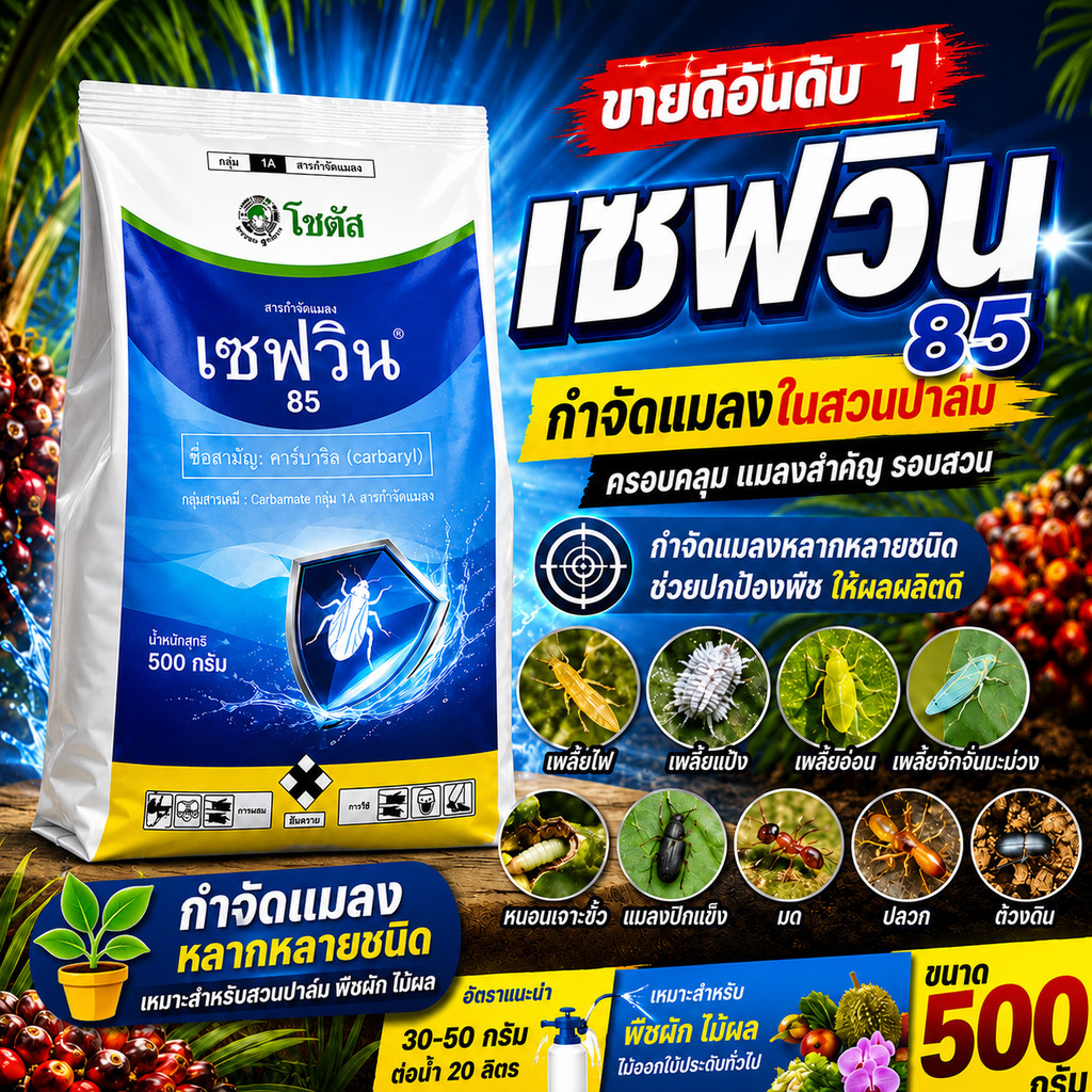 [500กรัม] เซฟวิน 85 คาร์บาริล กำจัดแมลงได้หลากหลายชนิดทั้งเพลี้ยไฟ เพลี้ยแป้ง เพลี้ยอ่อนและแมลงปีกแข็ง