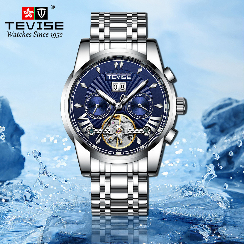 Swiss TEVISE แฟชั่นธุรกิจนาฬิกาผู้ชายนาฬิกากันน้ํา Tourbillon สายเหล็กนาฬิกามัลติฟังก์ชั่นผู้ชาย