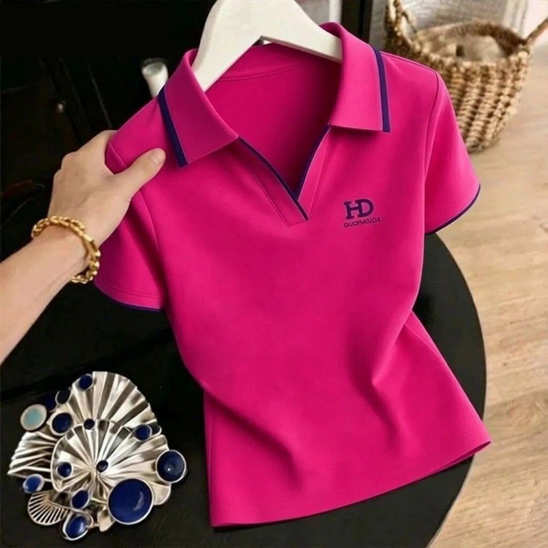 เสื้อโปโลคอปกสําหรับผู้หญิงฤดูร้อนสไตล์ใหม่ทรงหลวมแม่วัยกลางคนเสื้อท็อปแขนสั้นกระชับสัดส่วนลําลองสําหรับผู้หญิง