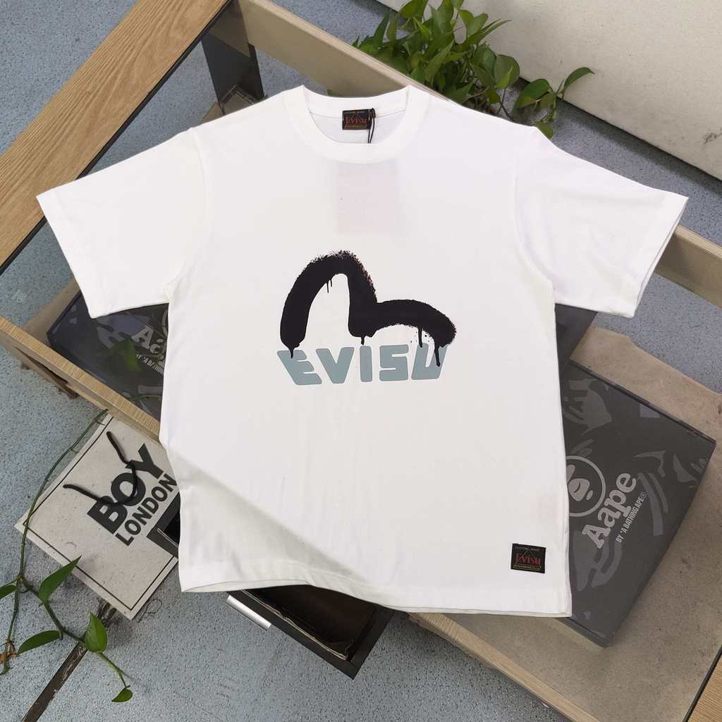 EVISU/God of Fortune 2026 คลาสสิกรอบคอแขนสั้นเสื้อยืดผู้ชายผู้หญิงสไตล์ Contrast สีแฟชั่น Two-Line ผ