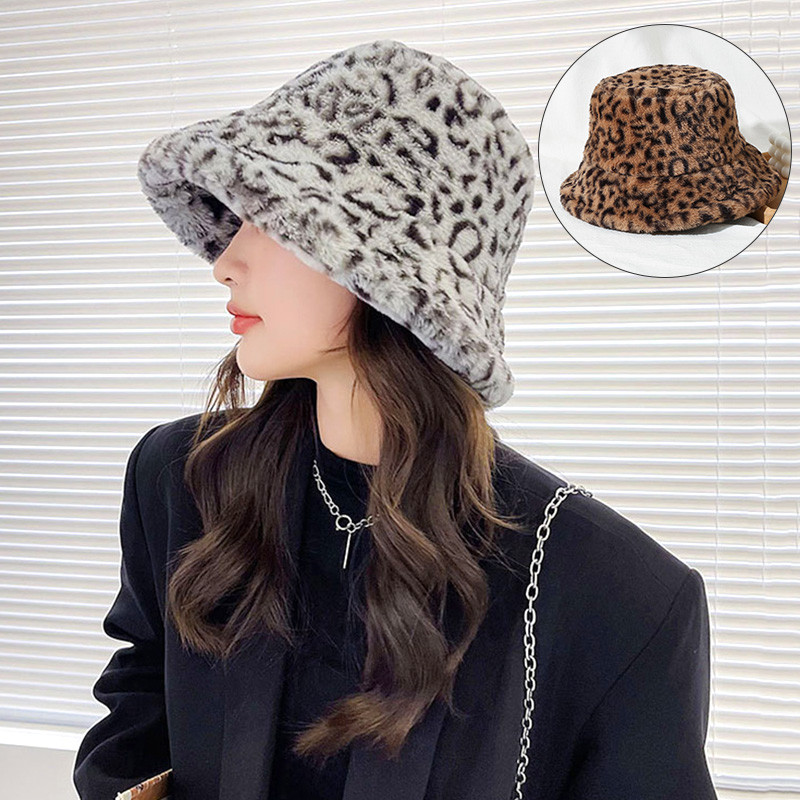 Winter Leopard Print Faux Fur Plush Bucket Hats สําหรับผู้หญิง Ou