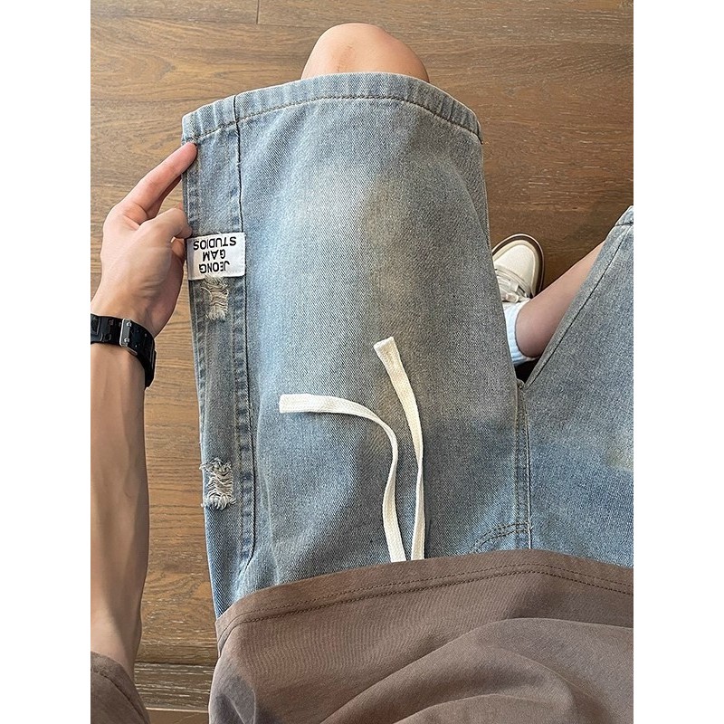 American vibe Ripped Denim Shorts Boys Summer Thin Loose Wide-Leg Middle Pants Stitching Five-Point 