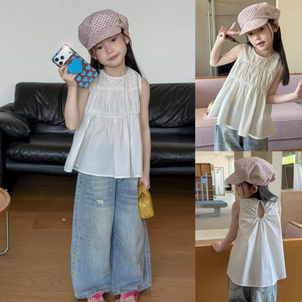 PRETTY BABY เสื้อเด็ก เสื้อกล้าม เสื้อแขนกุด ปักดอกไม้ กางเกงยีนส์ขาวยาว แต่งขาด(2300)