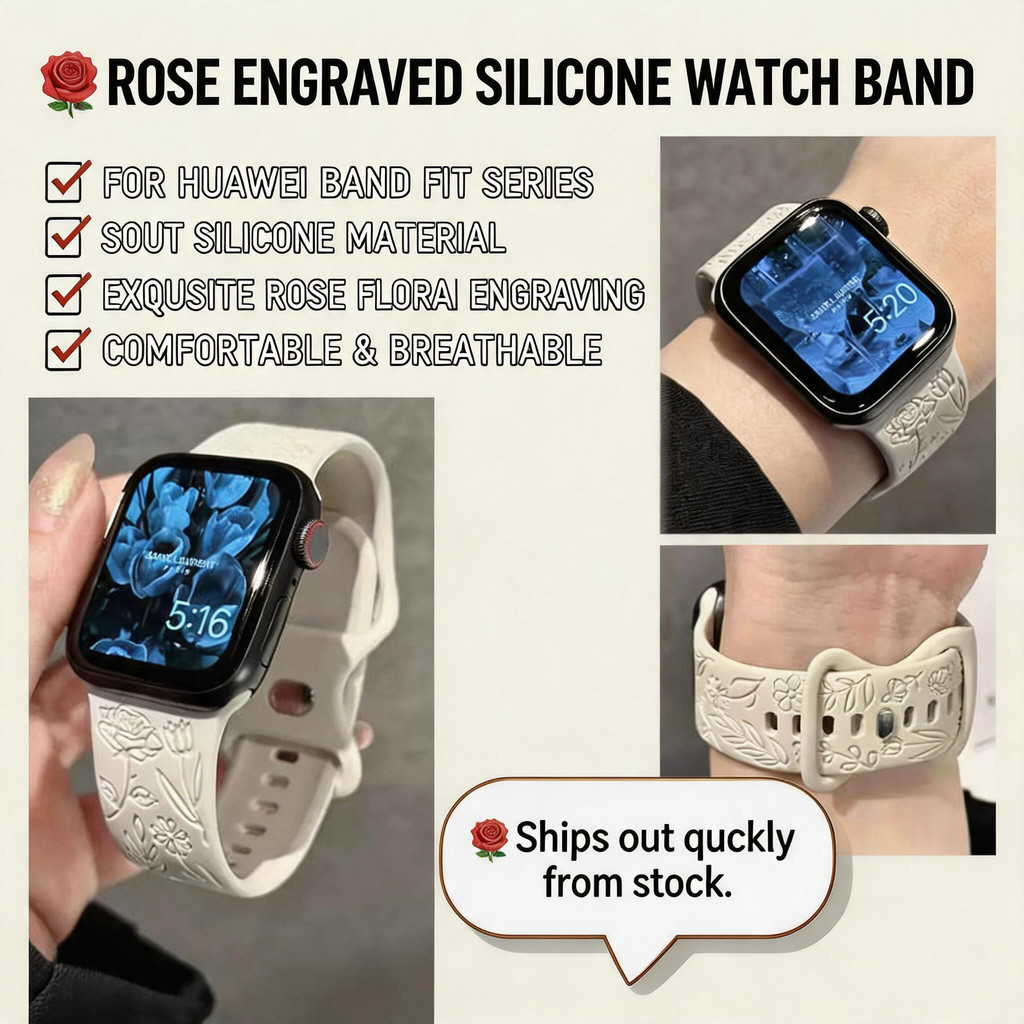 สายซิลิโคนแกะสลักดอกกุหลาบสําหรับ for Huawei Watch fit5pro fit5 Fit4 pro Fit4 Fit3 สายนาฬิกาอุปกรณ์เสริมสายรัดข้อมืออเนกประสงค์ for Smartwatch strap