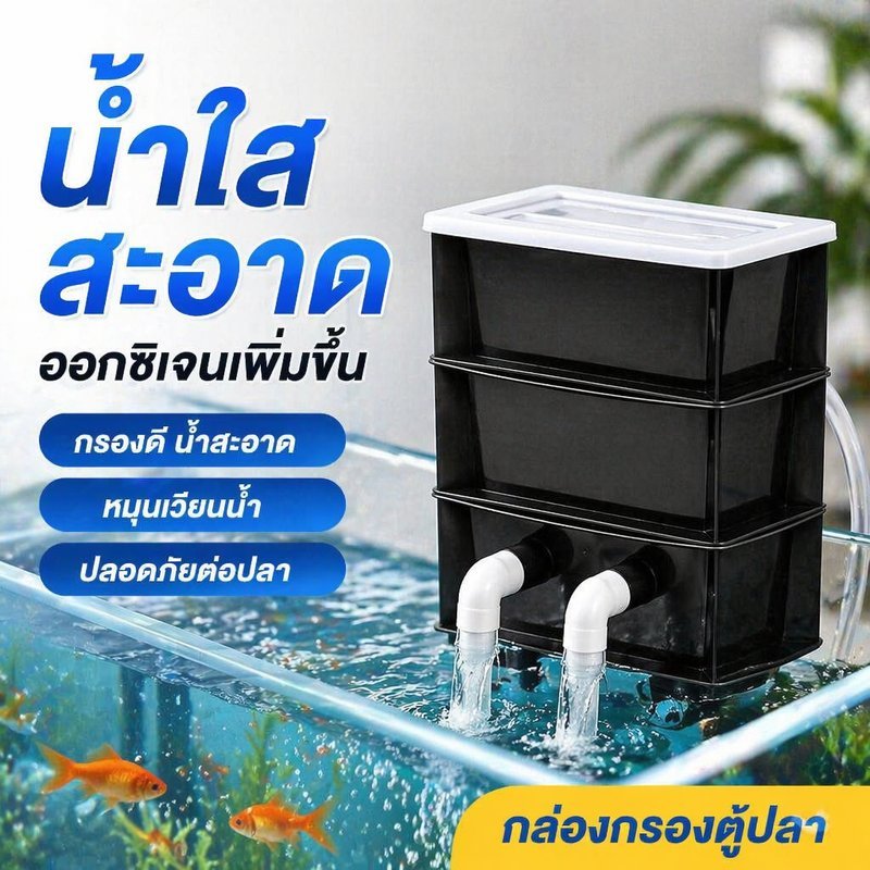 กล่องกรองตู้ปลา BHQ ระบบหมุนเวียนน้ำ เพิ่มออกซิเจน ไส้กรอง 2 3 ชั้น เงียบ ติดผนังกระจก 6 12 มม