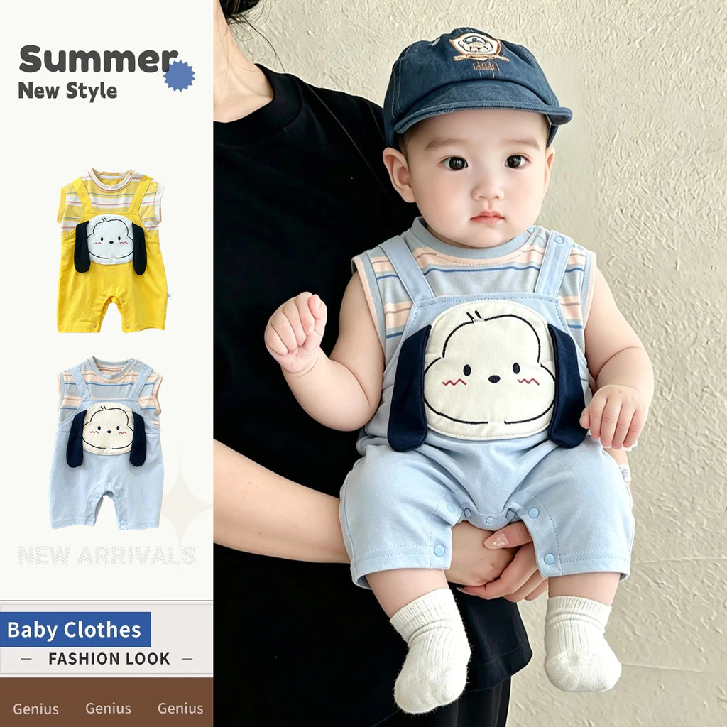 ฤดูร้อนใหม่แขนสั้นเด็ก 0-28 เดือน ชุดจั๊มสูท สุดน่ารักหูลูกสุนัขเสื้อผ้าเป็นมิตรกับผิวการ์ตูนสไตล์ ชุดรอมเปอร์ นุ่ม