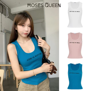 MOSESQUEEN เสื้อวงเคอลายตัวอักษรสาวฮอตสําหรับผู้หญิงเหมาะกับฤดูร้อนทรงเข้ารูปและอเนกประสงค์เสื้อแขนกุด #63795