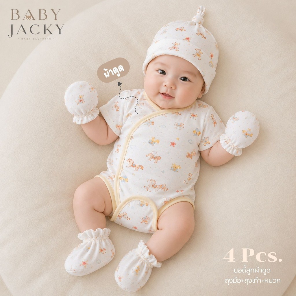 Baby Jacky ชุดเซ็ต 4 ชิ้น 5ชิ้น (บอดี้สูทผ้าดูด ถุงมือ ถุงเท้า หมวกจุก) ผ้าคอตตอน นุ่ม ใส่สบาย