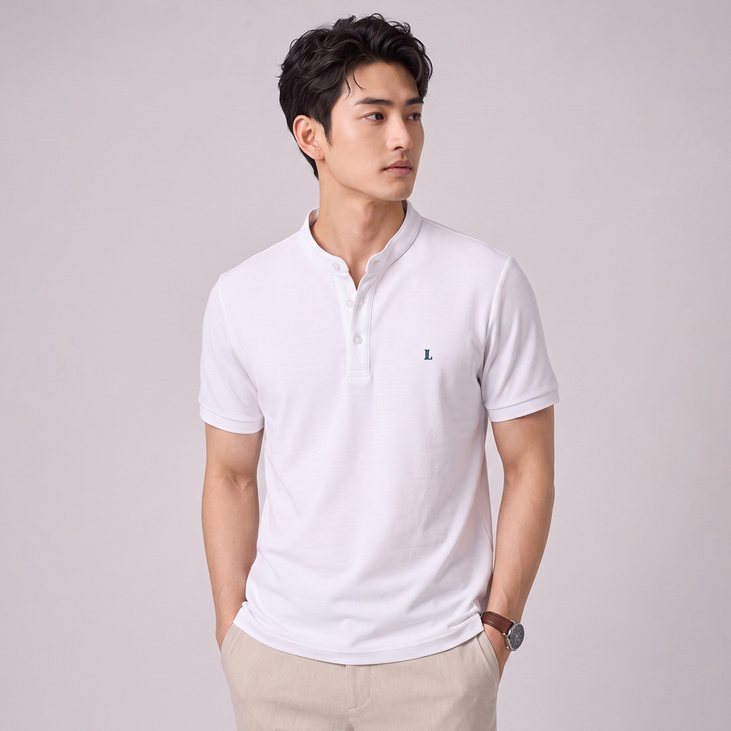 LTD เสื้อโปโลแขนสั้น ผู้ชาย สีขาว | Pique polo banded collar | 03634