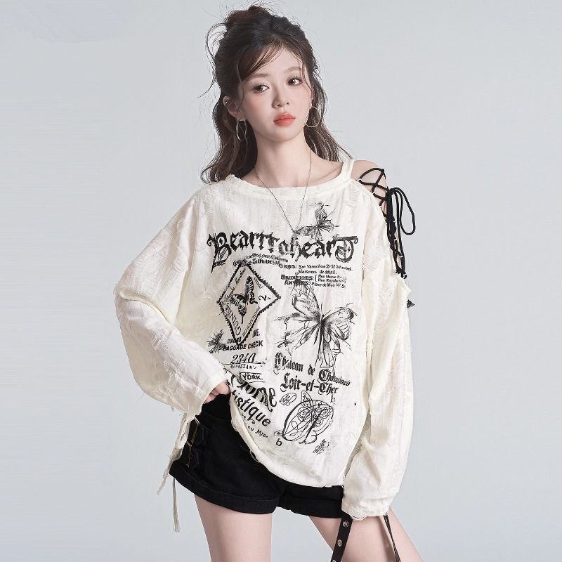 เสื้อยืดแขนยาวผู้หญิงสไตล์อเมริกัน Strapless Ripped ครีมกันแดดหลวมเสื้อด้านบน