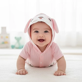 Babyonline(Y310)2H3-4 (ส่งด่วน1วัน)ชุดบอดี้สูทสำหรับเด็กมีฮู้ดรูปสัตว์มีกระดุมหน้า ผ้าฝ้าย นิ่ม ใส่สบาย แนะนำอายุ 0-1 ปี