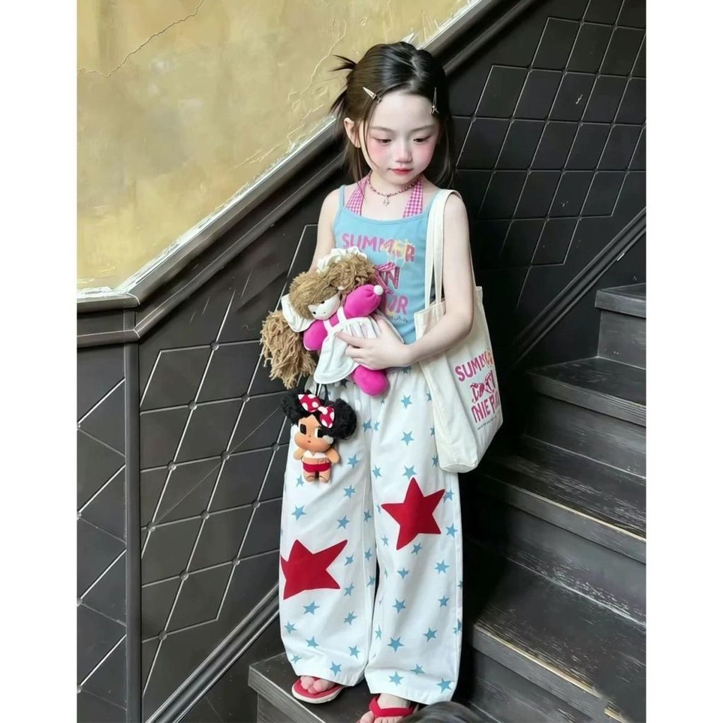 สาวฤดูร้อนชุดเสื้อกั๊กสไตล์เกาหลีเด็ก เชือกแขวนคอ คอสั้นสไตล์ สายรัด กางเกงดาวแฟชั่นชุดสองชิ้น