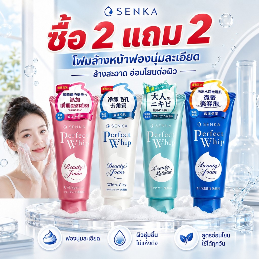 ซื้อ2 แถม 2! SENKA โฟมล้างหน้าฟองนุ่มละเอียด ทำความสะอาดผิว ช่วยลดความมันส่วนเกิน สูตรอ่อนโยน ผิวนุ่มชุ่มชื้น ไม่แห้งตึง