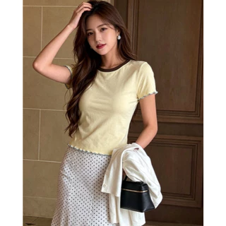 cherryshop พร้อมส่ง เสื้อยืดผู้หญิงแขนสั้นคอกลมสไตล์เกาหลีมินิมอลแบบสลิมผสมสีสำหรับหน้าร้อน