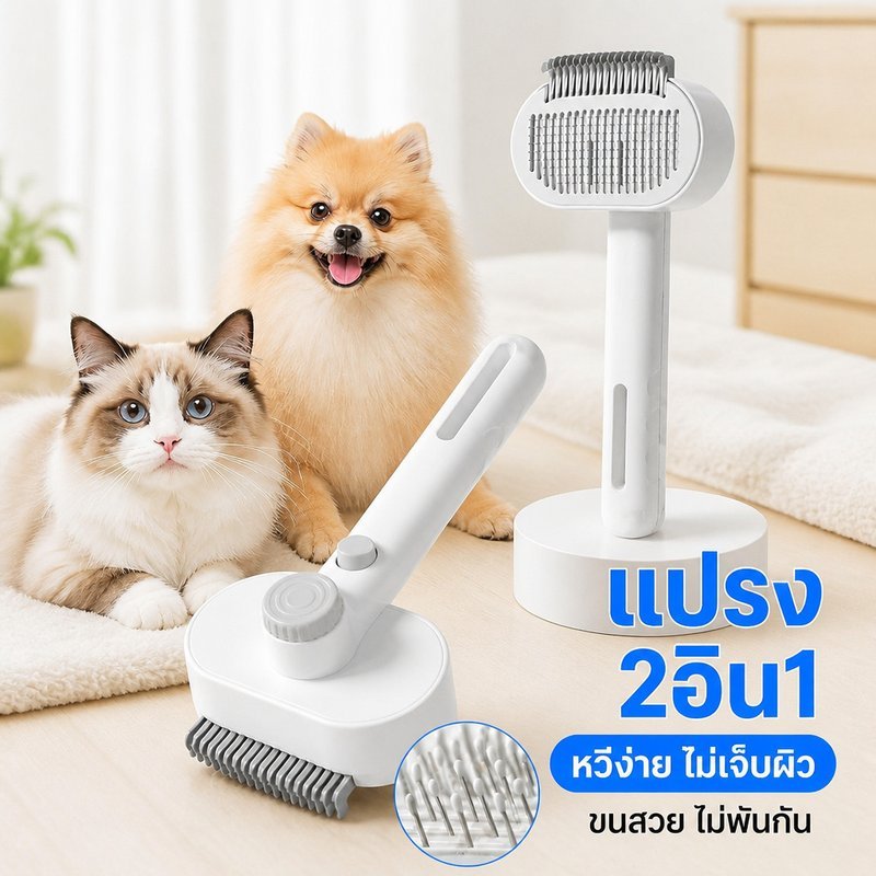 แปรงหวีสางขนสัตว์เลี้ยง 2in1 หวีคลายปม กดปล่อยขน ด้ามจับถนัดมือ สำหรับแมวสุนัข