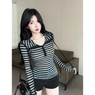 ส่งไวจากไทย 2สี เสื้อยืดลําลอง แขนยาว ลายทาง สไตล์วินเทจ สําหรับสตรี มีฮู้ด🎀Lalita