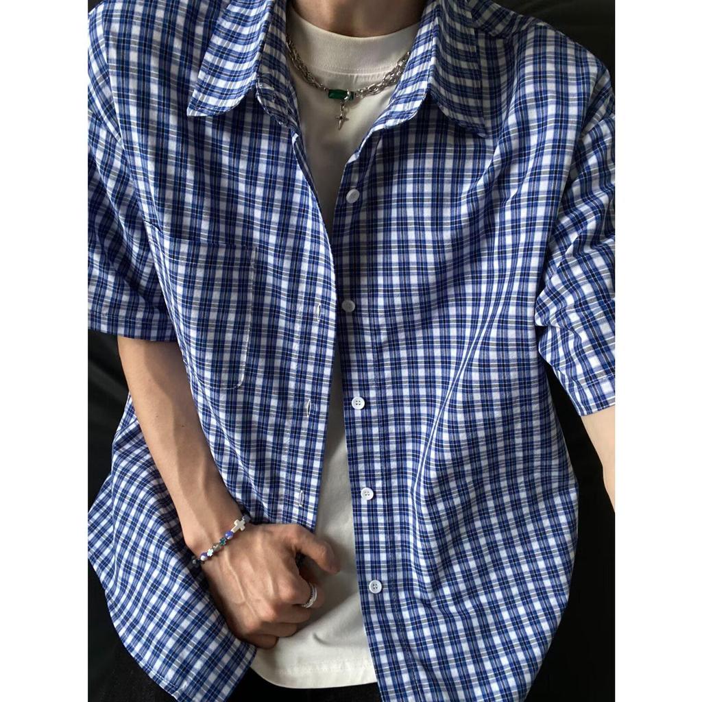 MNO.9 Shirt C129 เสื้อเชิ๊ต Oversize แขนสั้น เสื้อเชิ๊ตคอปก ลายสก๊อต มีกระเป๋าหน้า Clothing Man ผู้ชาย แดงและน้ำเงิน
