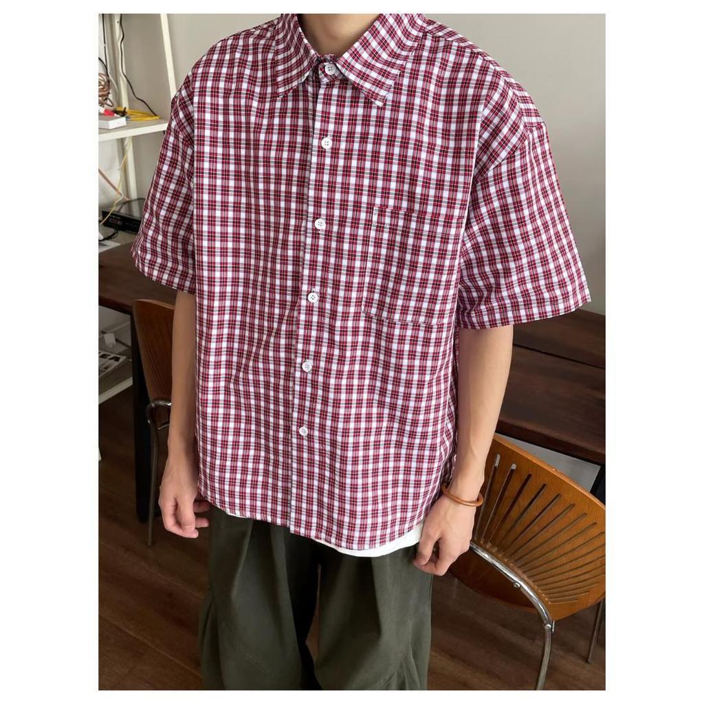 56MEN Shirt C129 เสื้อเชิ๊ต Oversize แขนสั้น เสื้อเชิ๊ตคอปก ลายสก๊อต มีกระเป๋าหน้า Clothing Man ผู้ชาย แดงและน้ำเงิน