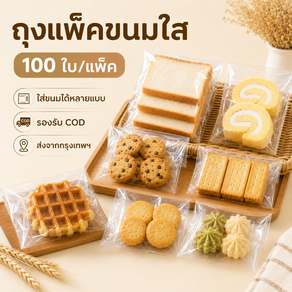 ถุงใสปากกาว 100 ใบ/แพ็ค ถุงแพ็คเบเกอรี่ ใส่คุกกี้ บราวนี่ ขนมปัง เค้ก พาย ขนมหวาน ราคาส่ง พร้อมส่ง COD