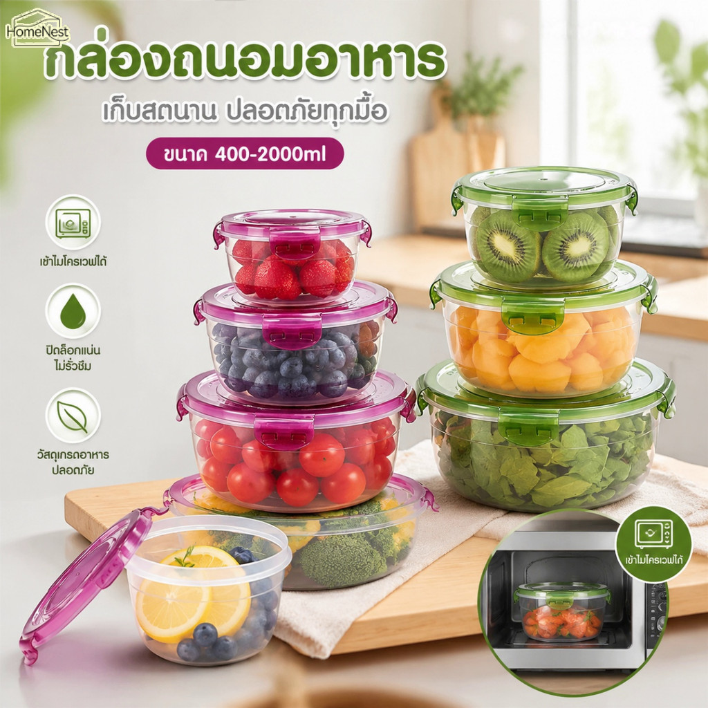 กล่องเก็บอาหารทรงกลมพร้อมฝาปิดล็อคได้ ทำจากพลาสติก PP หนาพิเศษ ปลอดภัยสำหรับอาหาร สามารถใช้กับไมโครเวฟและตู้เย็นได้