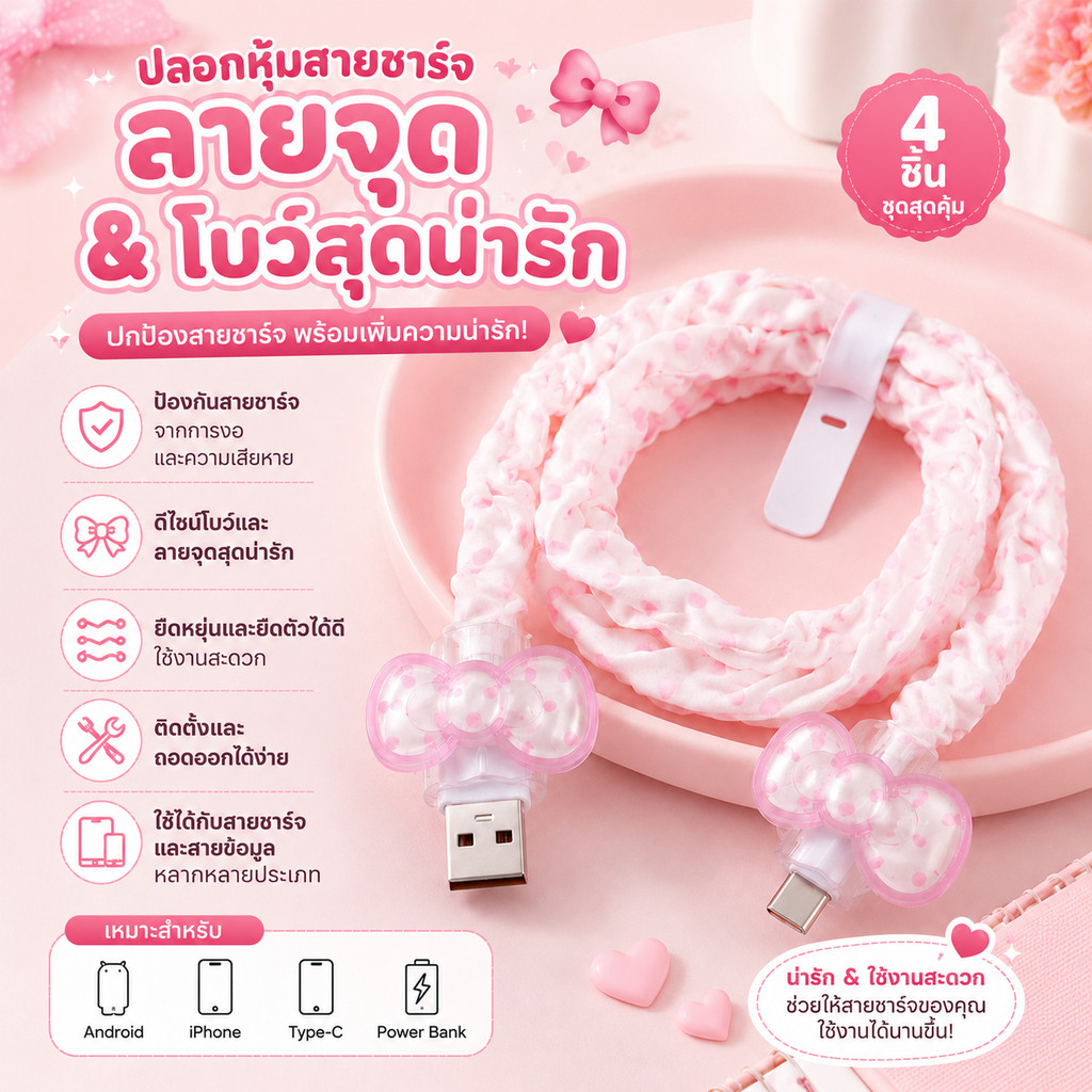 【NK】ปลอกหุ้มสายเคเบิลลายจุดและโบว์ 4 ชิ้น สำหรับป้องกันสายชาร์จและสายเคเบิลข้อมูล ปลอกป้องกันสายเคเบิลน่ารัก