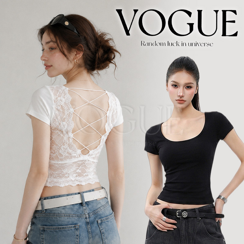 Vogue🌟พร้อมส่ง🌟 เสื้อยืดผู้หญิงแขนสั้นคอกลมสไตล์เกาหลี เสริมฟองน้ำในตัว ดีไซน์ลูกไม้แต่งสายไขว้ด้านหลังเซ็กซี่ (FY8524)