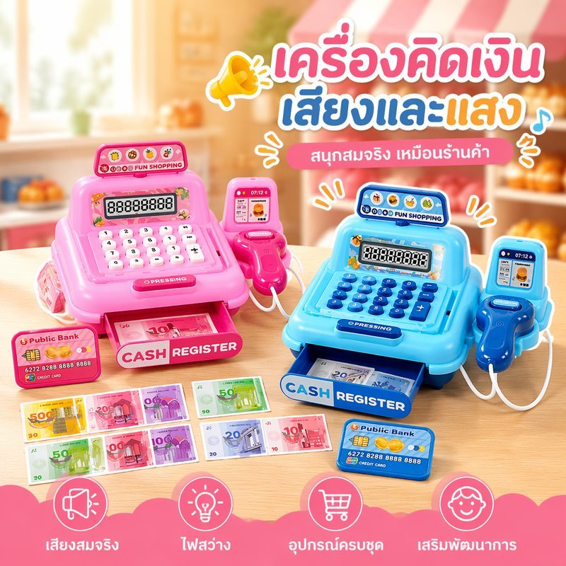 ชุดของเล่นเครื่องคิดเงินจำลอง แคชเชียร์ พร้อมสแกนเนอร์เสียงไฟ รูดบัตร ชั่งน้ำหนัก ลิ้นชักเปิดได้