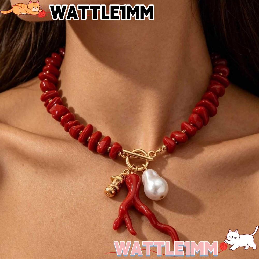 WATTLE1MM สร้อยคอลูกปัดปะการัง,จี้สีแดงผิดปกติสร้อยคอChoker,วินเทจปรับOTหัวเข็มขัดBaroque Pearlเจ้าส