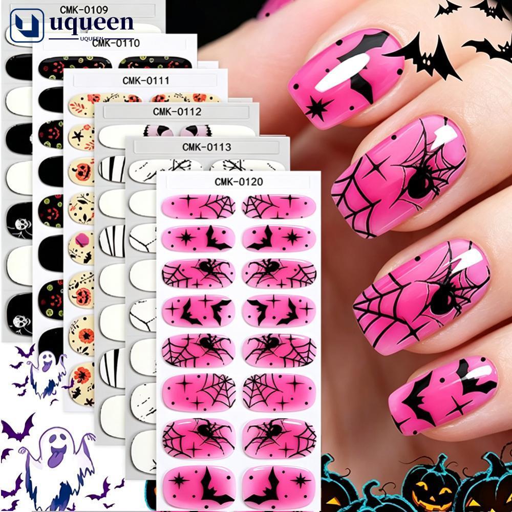 UQUEEN ฮาโลวีน Spider Web Ghost Glow ใน Dark เล็บแถบเล็บ Wraps สติกเกอร์ Self-Adhesive เล็บ Decals ส