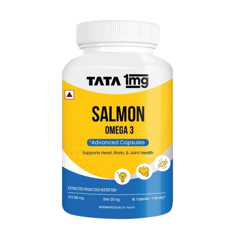 Tata 1mg Salmon Omega 3 Fish Oil อาหารเสริม 1000mg - 90 แคปซูล | ไตรไกลเซไรด์ ฟอร์ม | EPA & 120มก. D