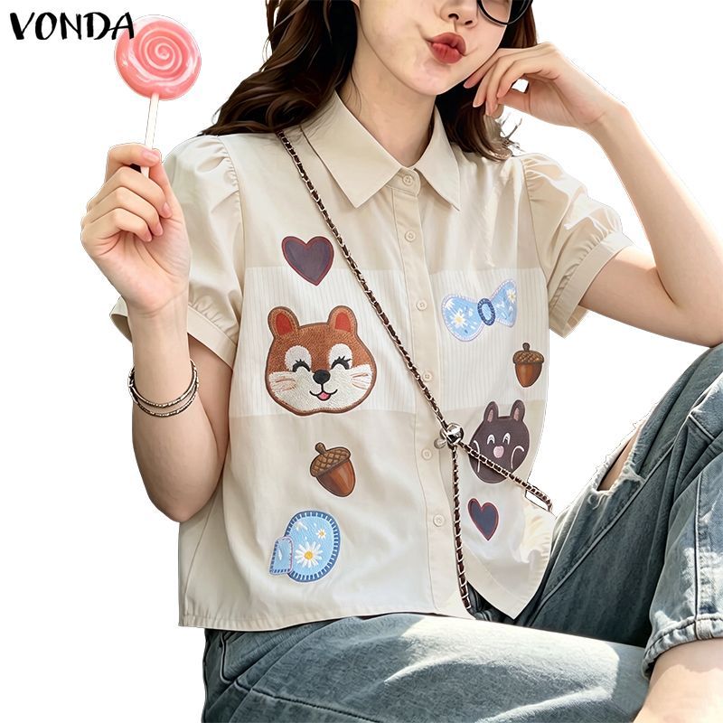 VONDA ผู้หญิงเกาหลีขนาดบวก Street น่ารักปกพัฟแขนการ์ตูนลายพิมพ์ปุ่มตัดเสื้อ