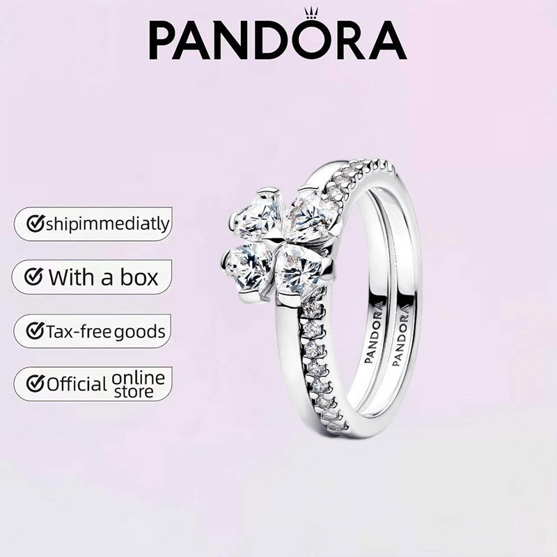 Sparkling Lucky Clover Splittable Ring Pandora เครื่องประดับเงิน 925 ของขวัญประณีตชุดของขวัญคู่