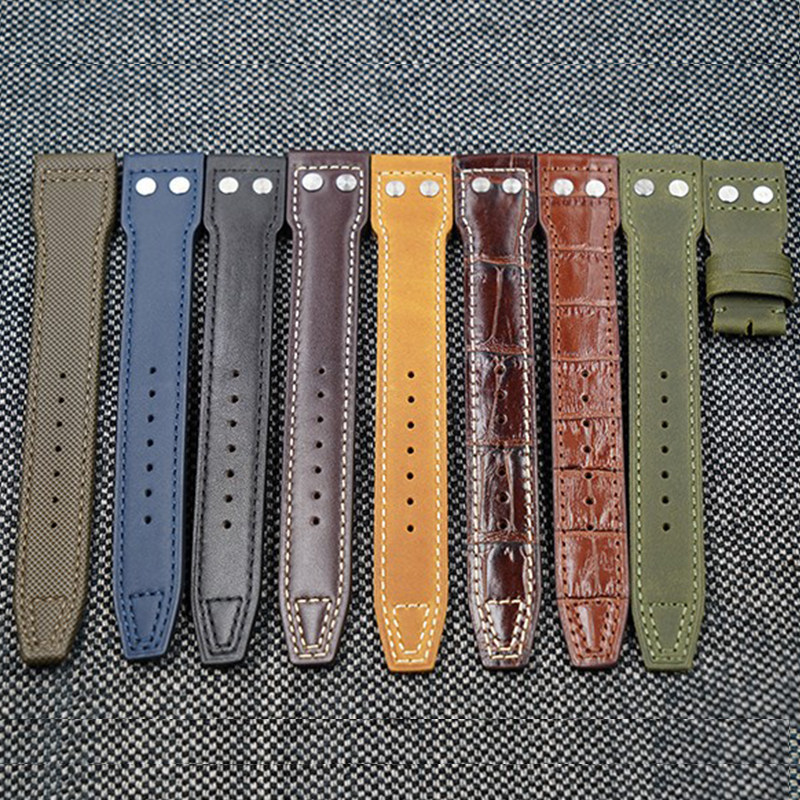 เหมาะสําหรับ IWC IWC Dafei Portugal Series Cowhide สายนาฬิกาพับหัวเข็มขัด Rivets สีดําสีฟ้าสีน้ําตาล