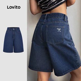 Lovito กางเกงขาสั้นยีนส์แคชชวล ซิป ฤดูใบไม้ผลิ/ฤดูร้อน กางเกงขาสั้นยีนส์สีน้ำเงินเข้ม L149LD399