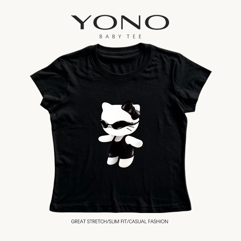 (พร้อมส่ง24ชม.) YONO baby tee สีดำ ลายแมวขาวใส่แว่นดำกับโบว์ ทรงเข้ารูป ลุคหวานเท่ y2k
