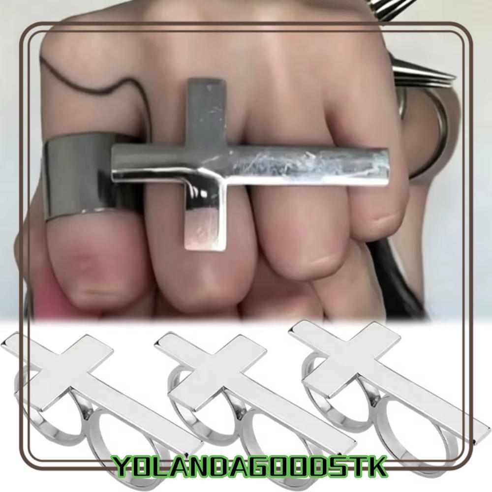 IYOLANDAGOODS1 Two Finger Cross Ring, สแตนเลส Big Cross Shape Open Cross Ring, อินเทรนด์ Silver Chri