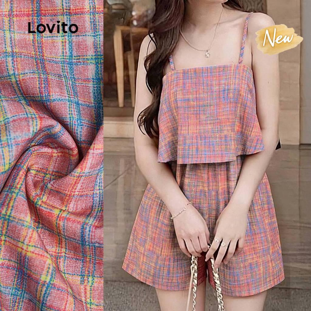 (New Arrival) Lovito จั๊มสูทสีชมพูสไตล์ลําลองสําหรับผู้หญิงในฤดูใบไม้ผลิ/ฤดูร้อน LK7ED510