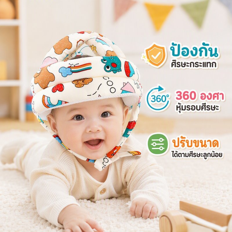 หมวกกันกระแทกเด็ก หมวกกันน็อคเด็กหัดเดิน ปรับขนาดได้ รอบศีรษะ สวมสบาย ระบายอากาศ
