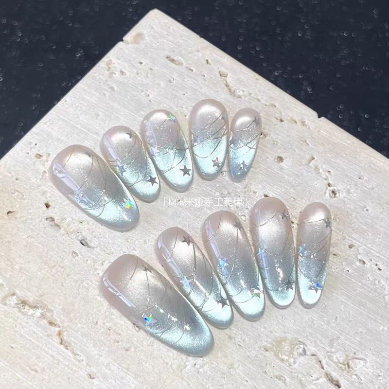 [Baiyue Fanxing] Blue Dense Cats Eye Nails ความยาวปานกลาง High-End Whitening Pure Hand-Weared Nails 